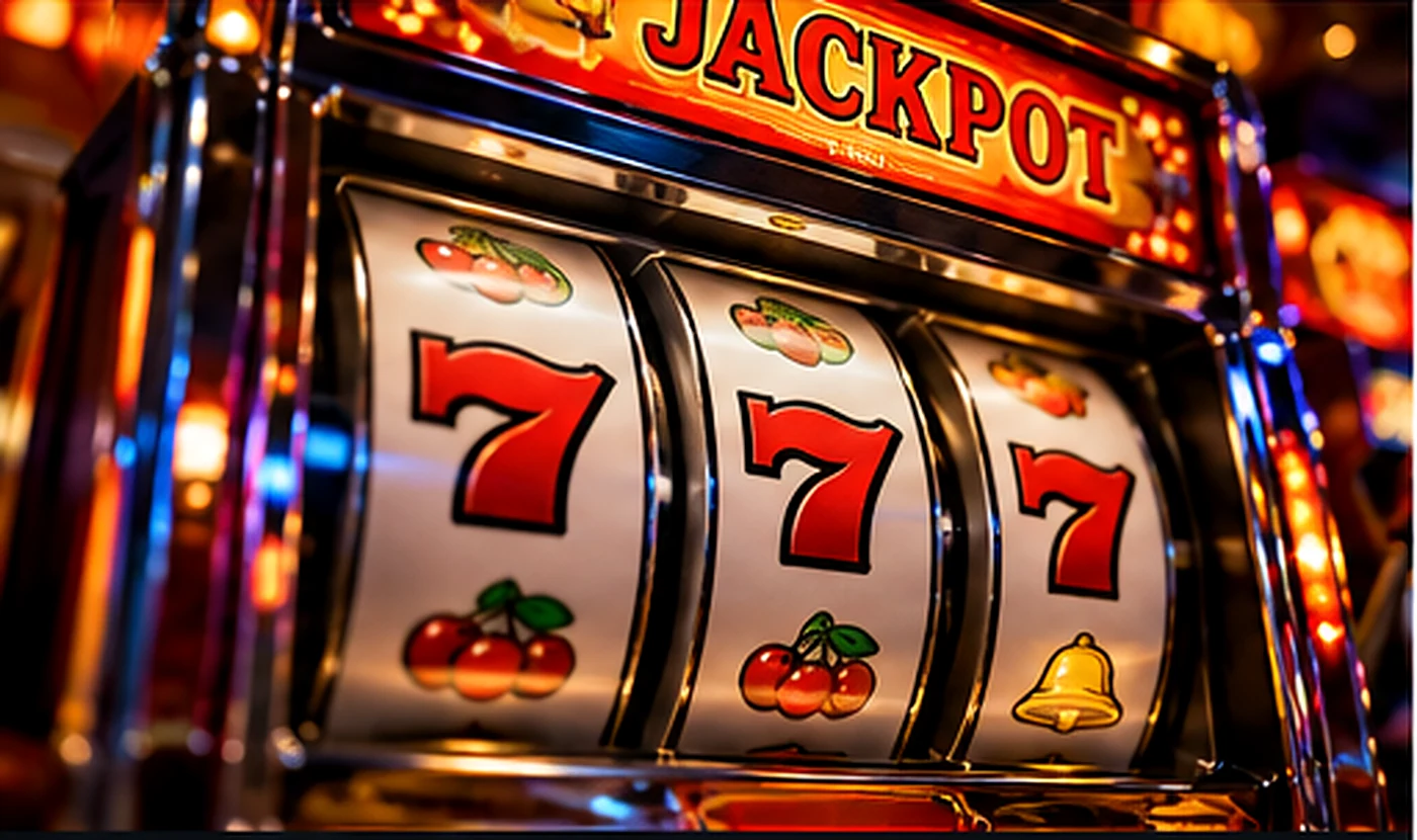 Illustrative close view of a classic three-reel slot machine