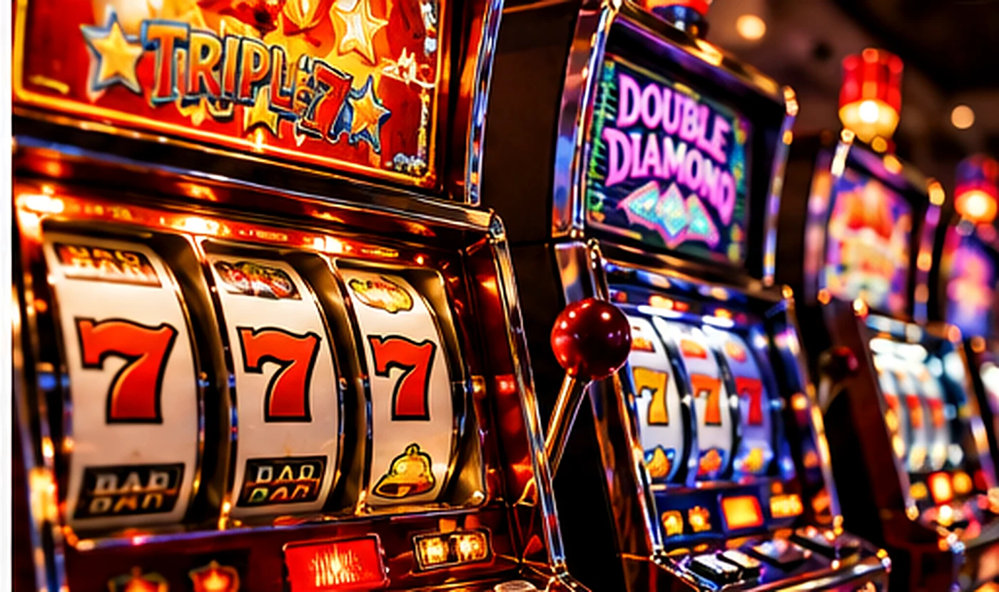 Illustrative row of classic and modern slot machines in a collector game room