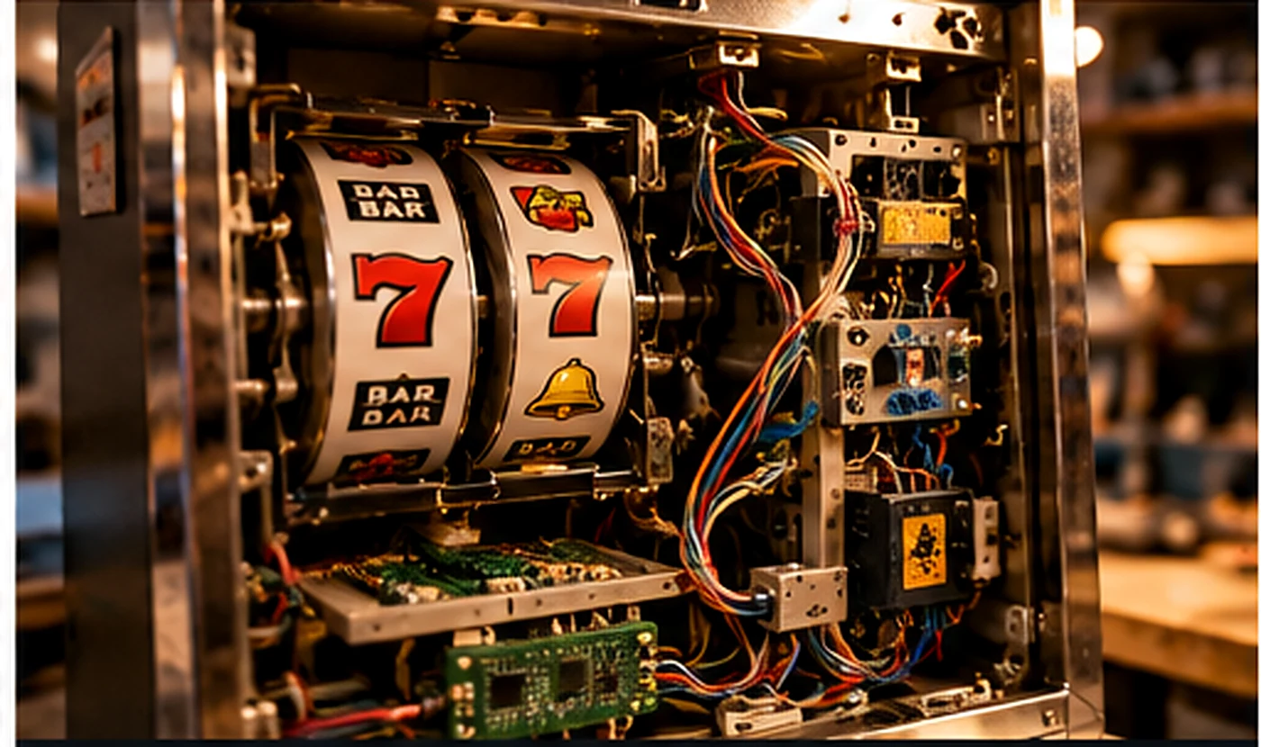 Illustrative opened slot machine showing internal electronics and wiring